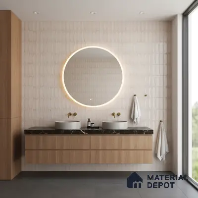Scandinavian bathroom with light wood laminate vanity, black quartz countertop, and beige textured wall tiles