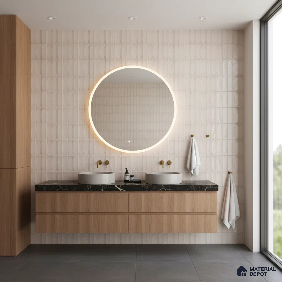 Scandinavian bathroom with light wood laminate vanity, black quartz countertop, and beige textured wall tiles