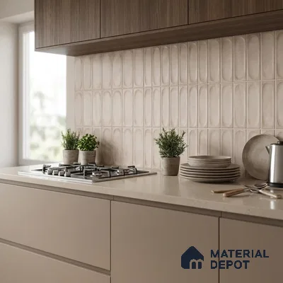 Modern kitchen with taupe matte laminate cabinets, beige quartz countertop, and beige geometric backsplash tile