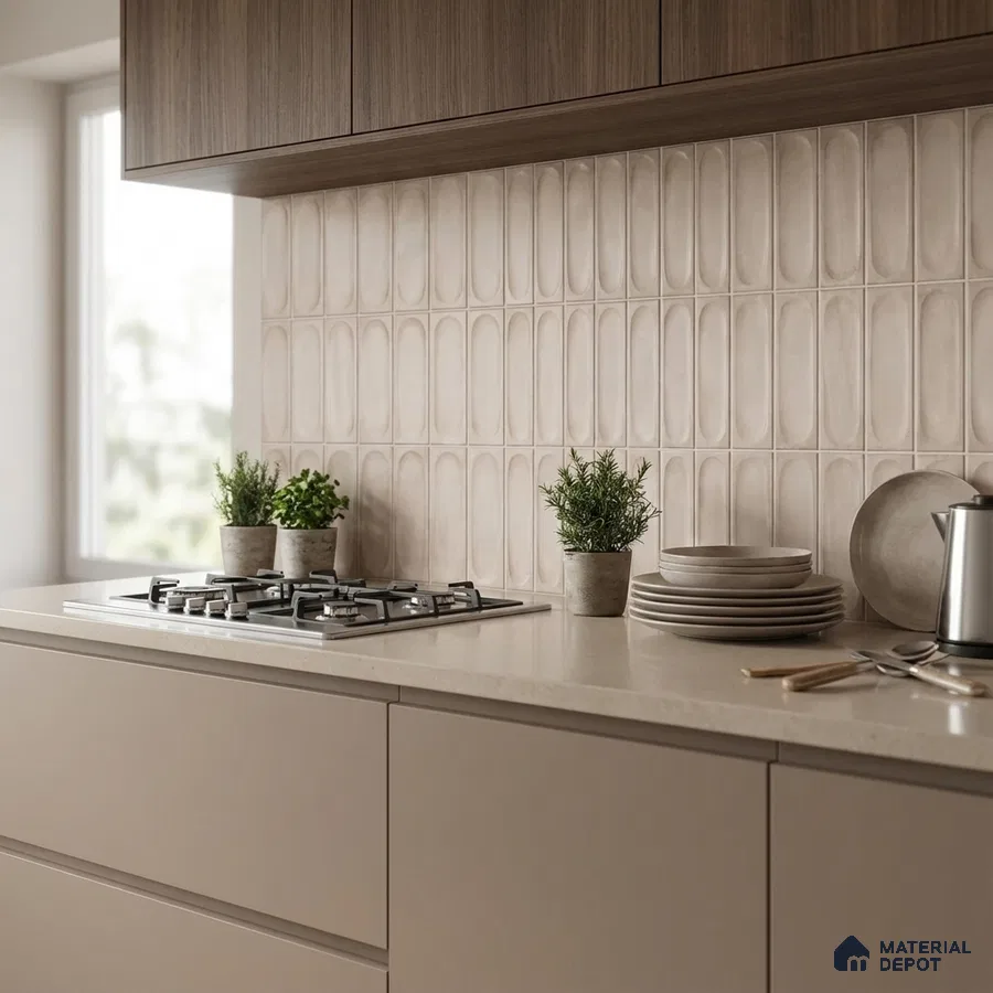 Modern kitchen with taupe matte laminate cabinets, beige quartz countertop, and beige geometric backsplash tile