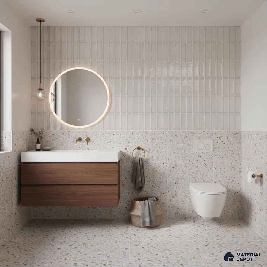 Scandinavian bathroom with terrazzo wall and floor tiles, white kitkat wall tiles, and walnut wood vanity