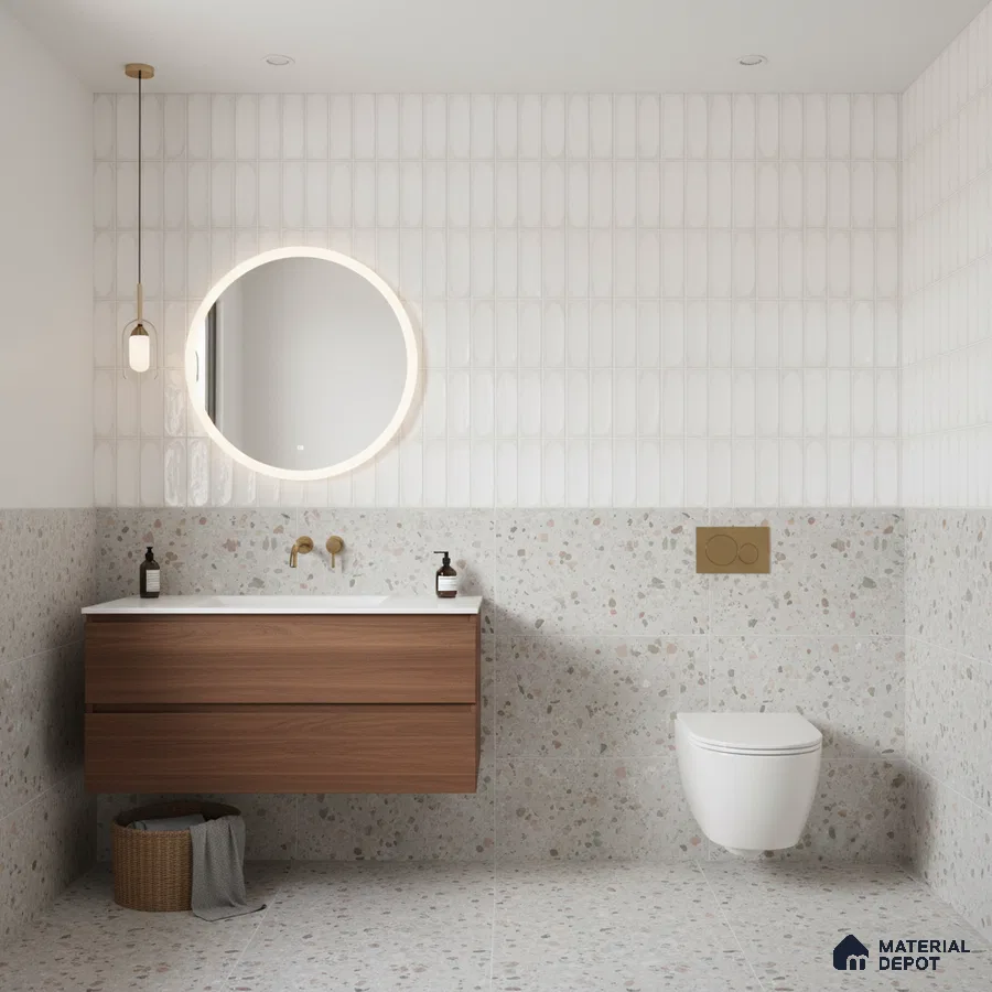 Minimalist bathroom with terrazzo wall and floor tiles, white elongated wall tiles, and walnut wood floating vanity