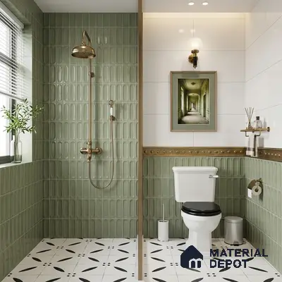 Scandinavian kitchen with sage green laminate cabinets, terrazzo countertop, and glossy sage green kitkat backsplash tile