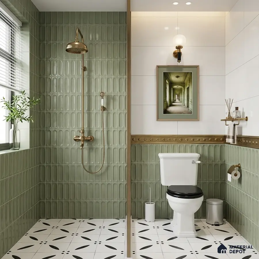 Scandinavian kitchen with sage green laminate cabinets, terrazzo countertop, and glossy sage green kitkat backsplash tile