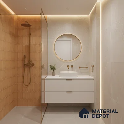 Minimalist bathroom with terracotta kitkat wall tiles and beige marble-look wall tiles