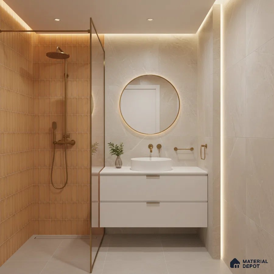 Minimalist bathroom with terracotta kitkat wall tiles and beige marble-look wall tiles