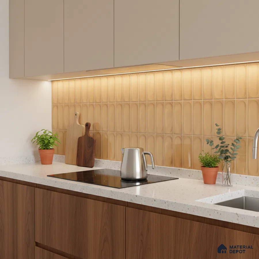 Scandinavian kitchen with beige upper cabinets, wood laminate base cabinets, terrazzo countertop, and ochre geometric backsplash tile
