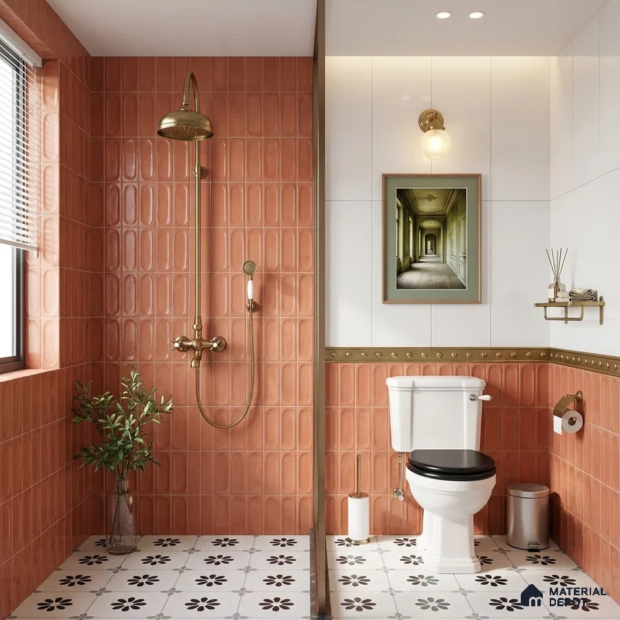 Modern kitchen with terracotta kitkat wall tiles and matte terracotta laminate cabinets