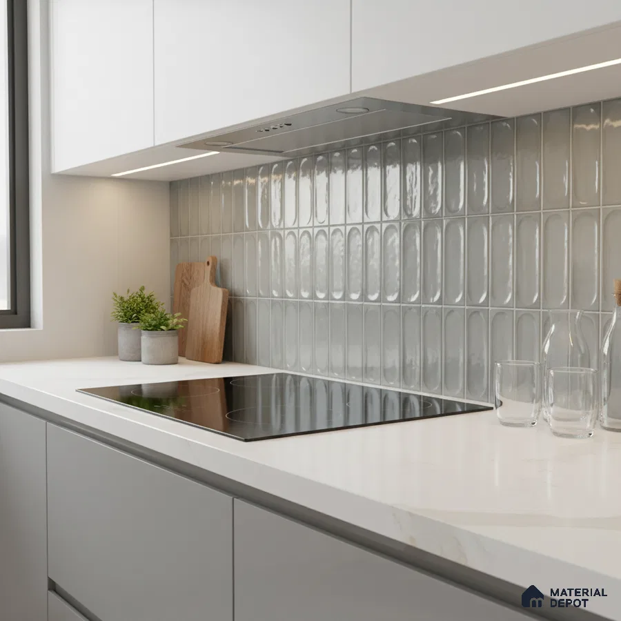 Modern kitchen with glossy grey elongated subway backsplash tile and white quartz countertop
