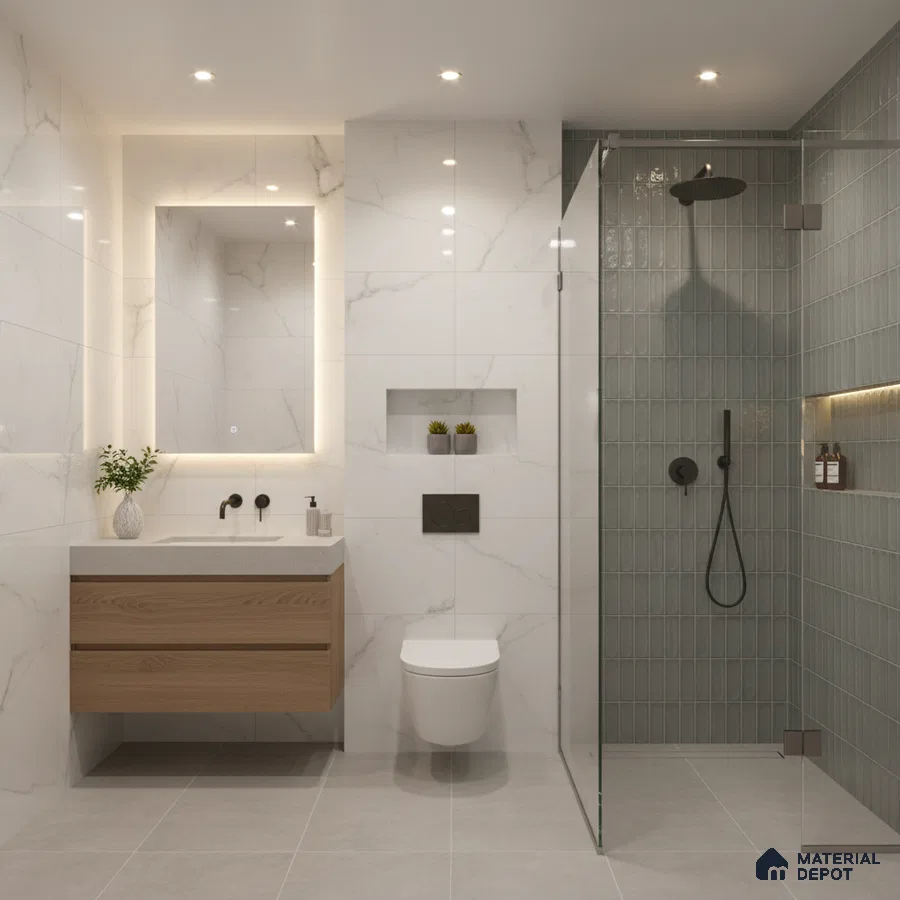 Modern bathroom with white marble wall tiles, sage green kitkat shower tiles, and floating wood vanity