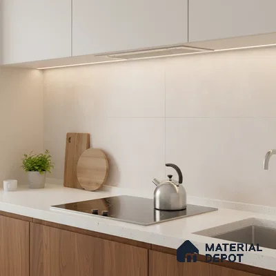 Minimalist kitchen with walnut wood laminate base cabinets, frosty white laminate wall cabinets, and white quartz countertop