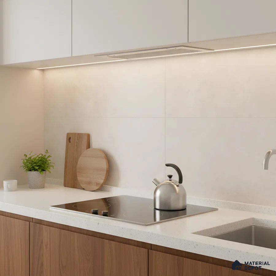 Minimalist kitchen with walnut wood laminate base cabinets, frosty white laminate wall cabinets, and white quartz countertop