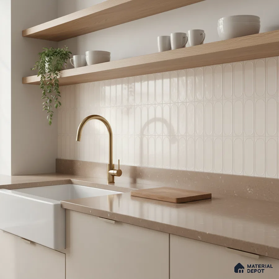 Scandinavian kitchen with beige quartz countertop, white elongated geometric backsplash tile, and light oak open shelves