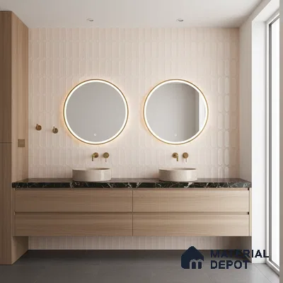 Scandinavian bathroom with light wood vanity, black quartz countertop, and blush pink kitkat wall tiles