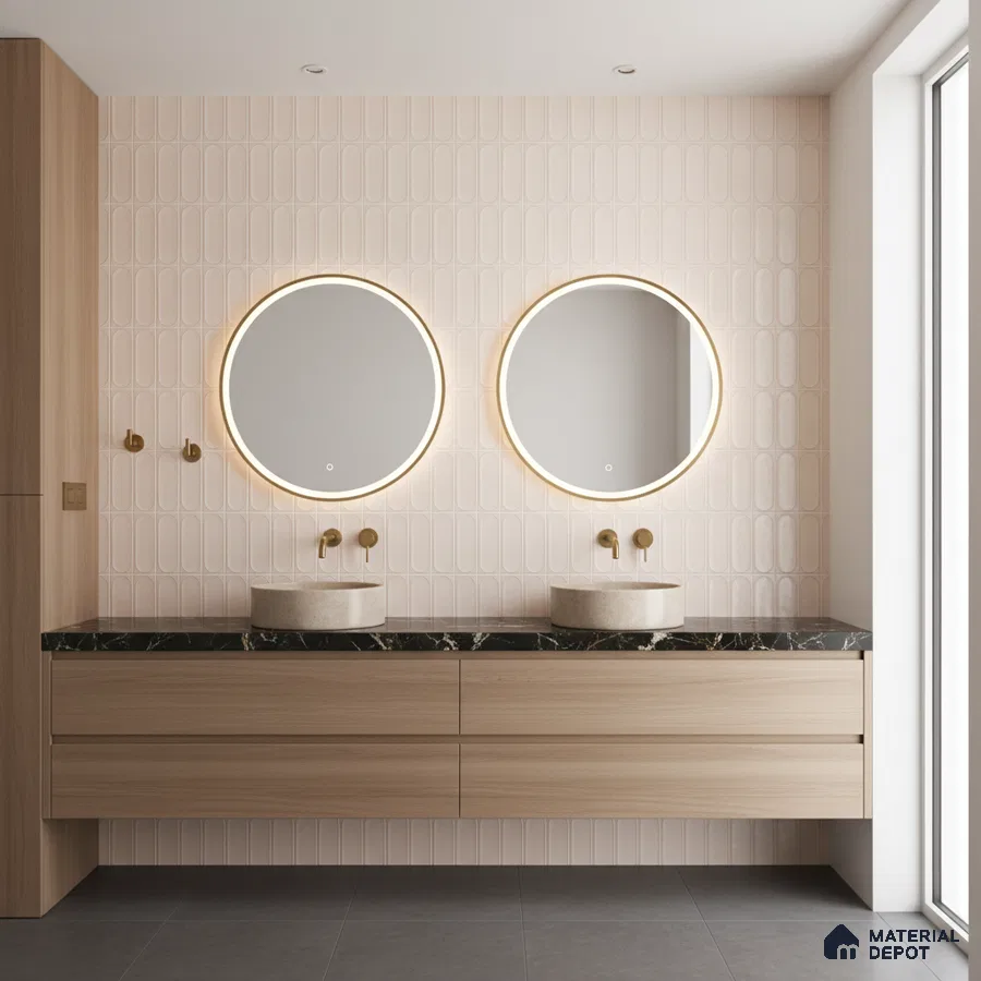 Scandinavian bathroom with light wood vanity, black quartz countertop, and blush pink kitkat wall tiles