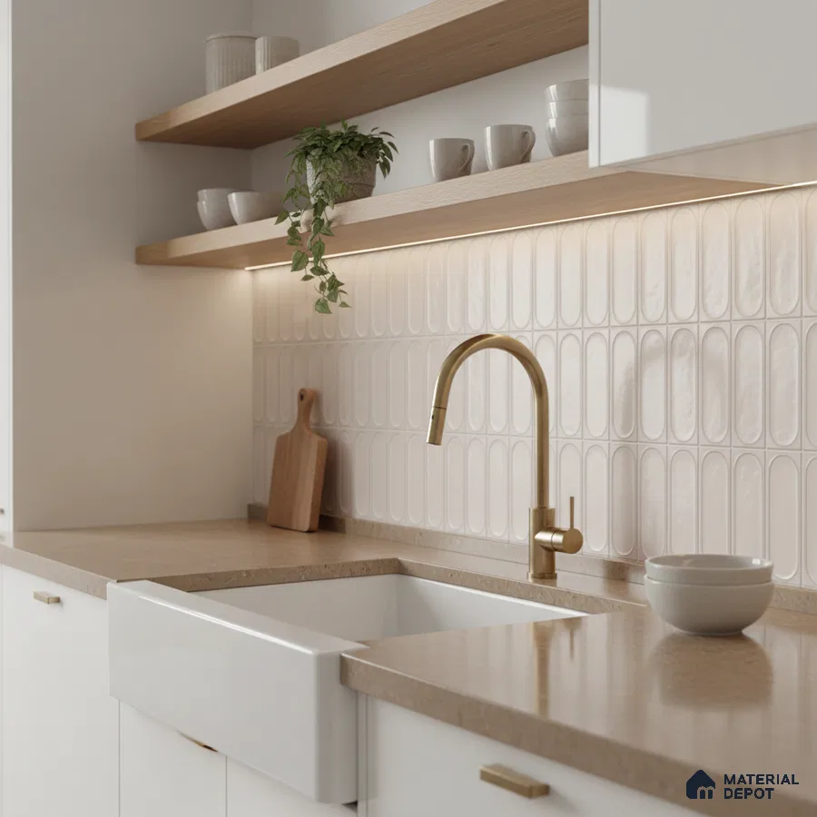 Scandinavian kitchen with beige quartz countertop, white fluted subway backsplash tile, and light oak open shelves