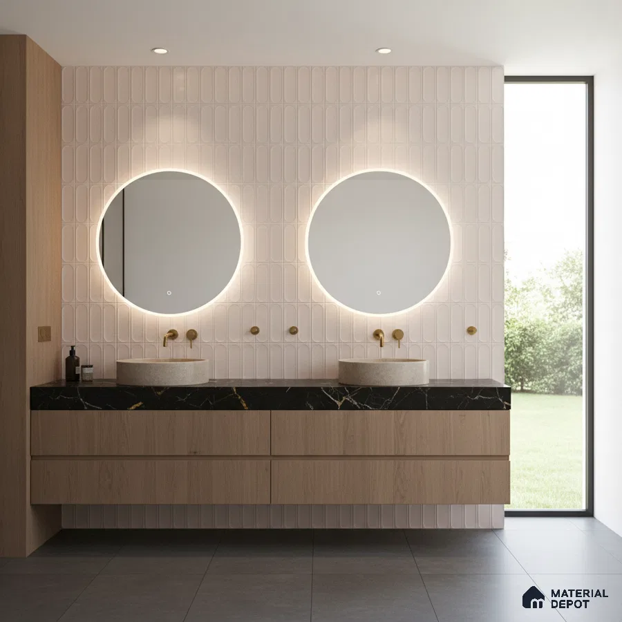 Minimalist bathroom with light wood vanity, black quartz countertop, and pale pink kitkat wall tiles