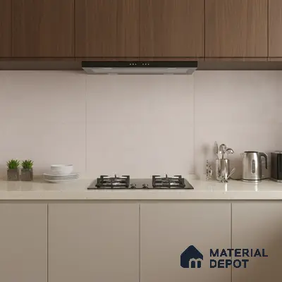 Modern kitchen with walnut brown laminate, beige solid color laminate, and cream quartz countertop