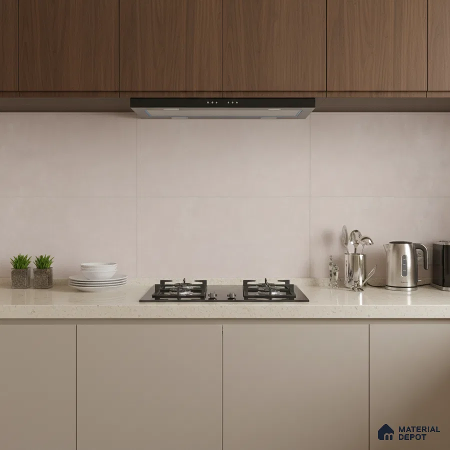 Modern kitchen with walnut brown laminate, beige solid color laminate, and cream quartz countertop