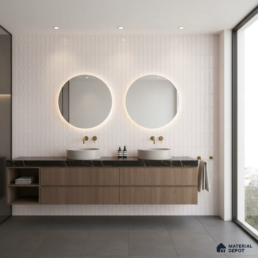 Modern bathroom with white kitkat wall tiles, black quartz countertop, and wood laminate floating vanity