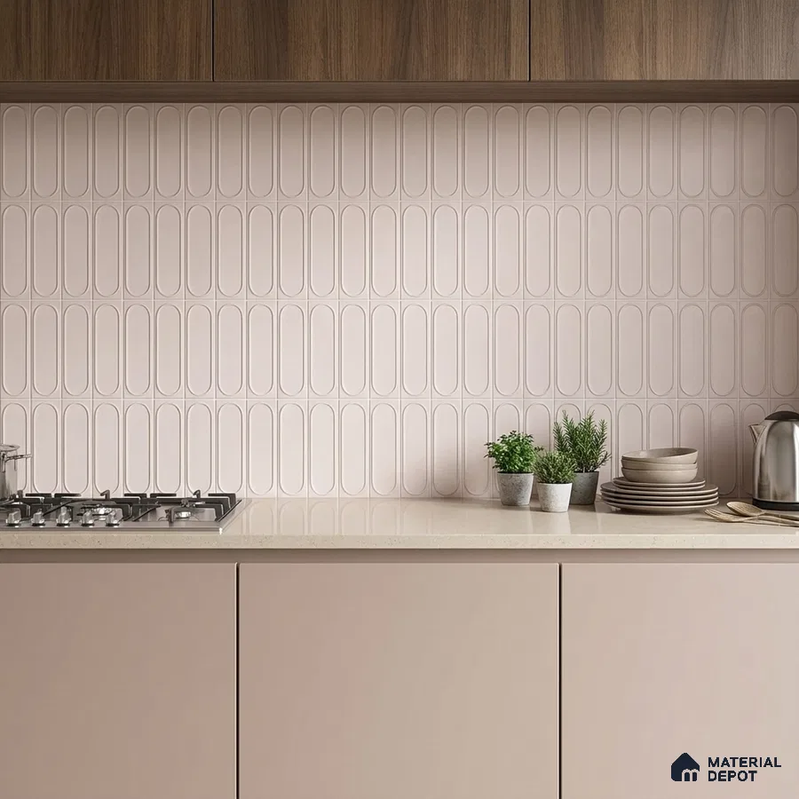 Modern kitchen with pastel beige laminate, light beige quartz countertop, and blush pink popsicle backsplash tile