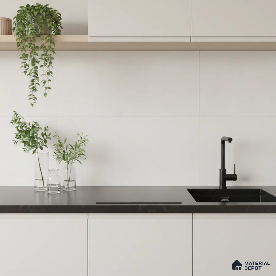 Minimalist kitchen with frosty white laminate cabinets and matte black quartz countertop