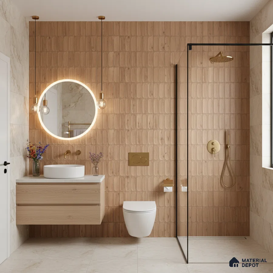 Scandinavian bathroom with wood-look kitkat wall tiles and beige marble floor tiles