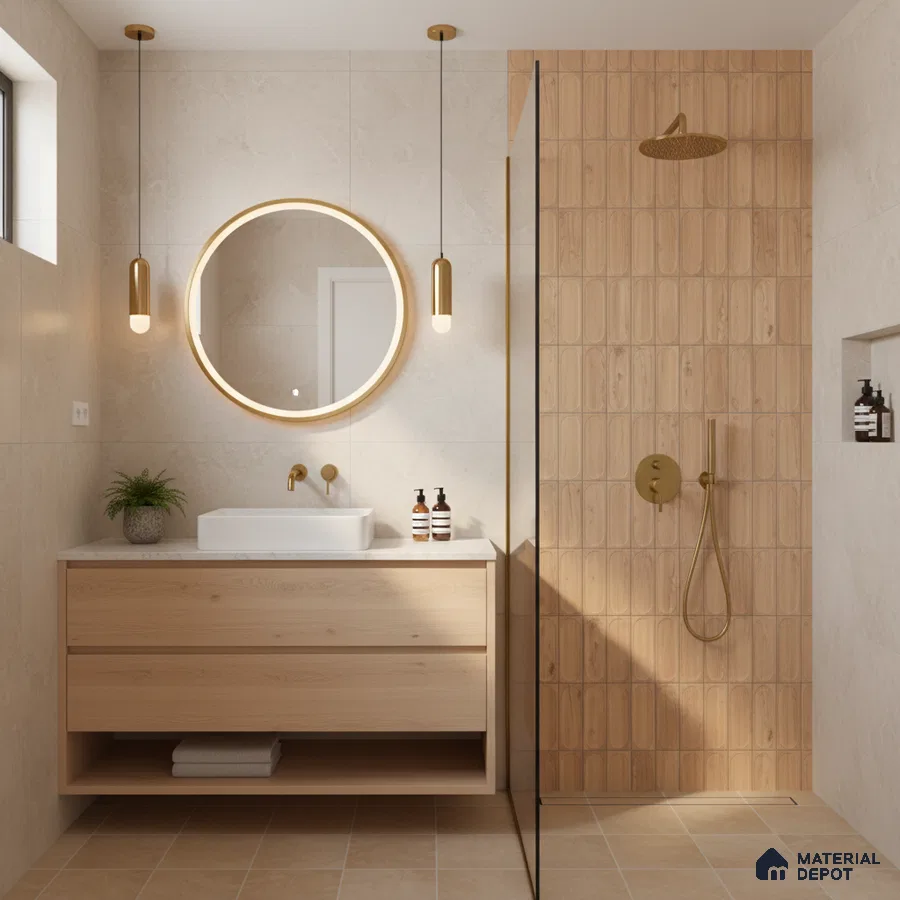 Scandinavian bathroom with light oak vanity, beige stone wall tiles, and matte wood-look shower tiles