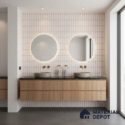 Minimalist bathroom with vertical kitkat wall tiles, oak wood laminate vanity, and black quartz countertop
