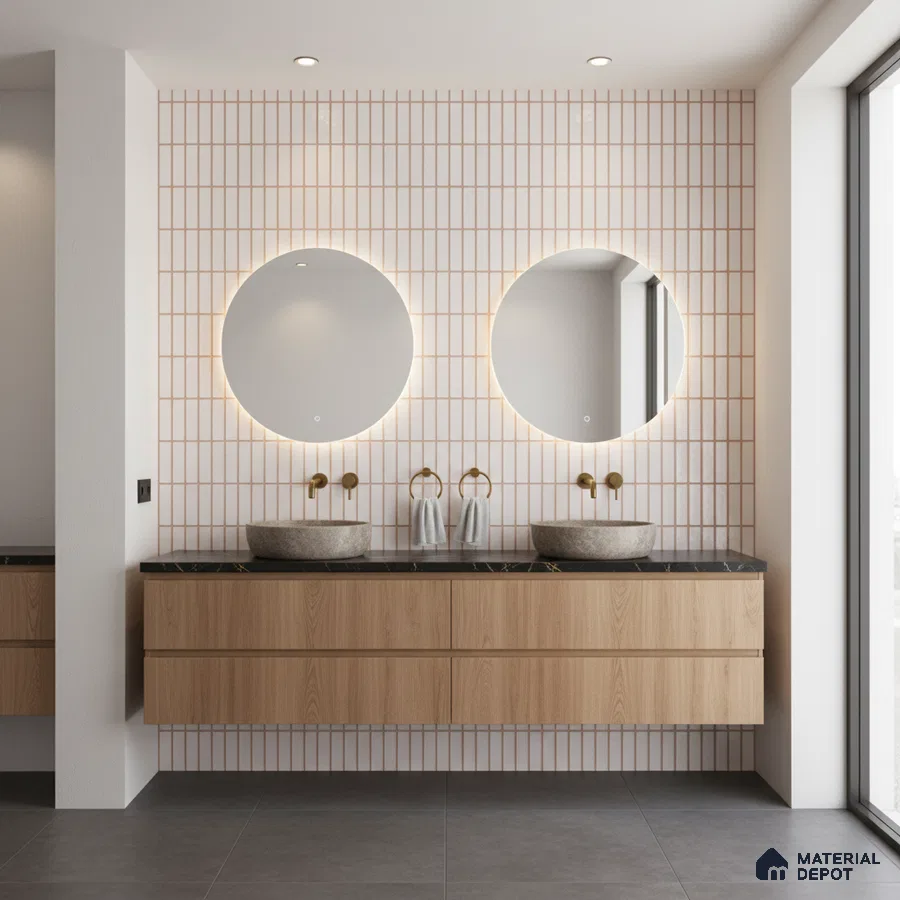 Minimalist bathroom with vertical kitkat wall tiles, oak wood laminate vanity, and black quartz countertop