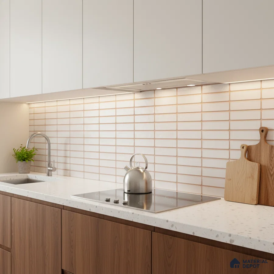 Scandinavian kitchen with white solid laminate, walnut wood laminate, terrazzo countertop, and white kitkat subway backsplash tile