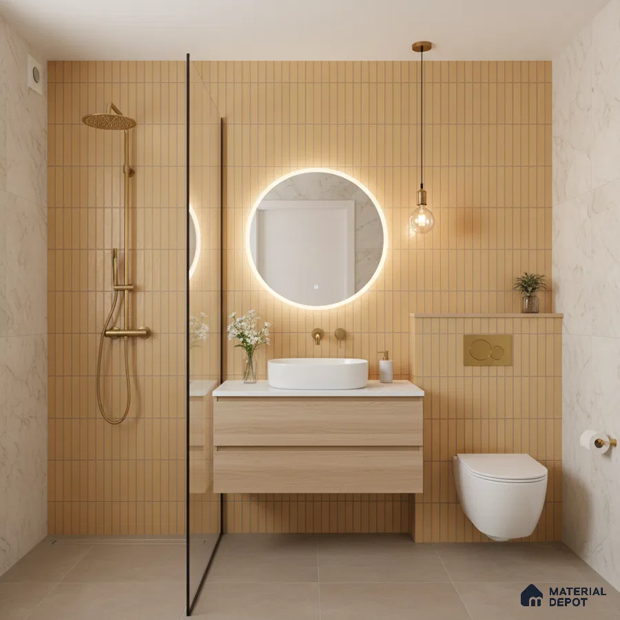 Scandinavian bathroom with mustard kitkat wall tiles, marble wall tiles, and light wood floating vanity