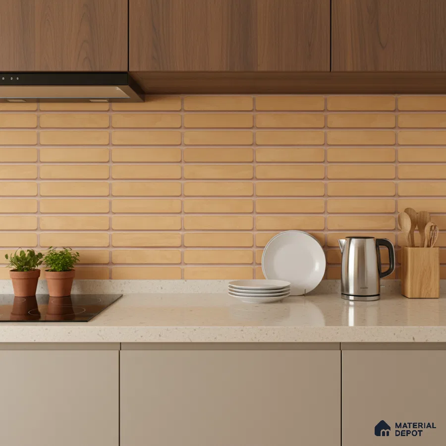 Modern kitchen with beige kitkat subway backsplash tile, walnut laminate cabinets, and off-white quartz countertop