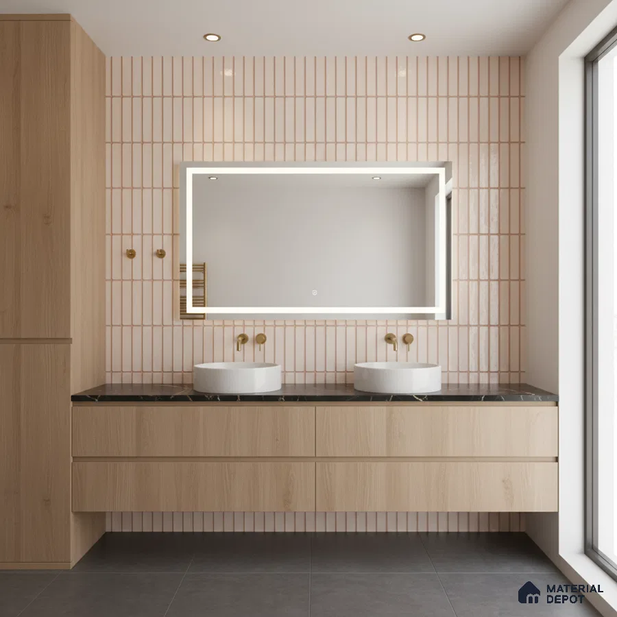 Scandinavian bathroom with light oak laminate vanity, pink kitkat wall tiles, and black quartz countertop