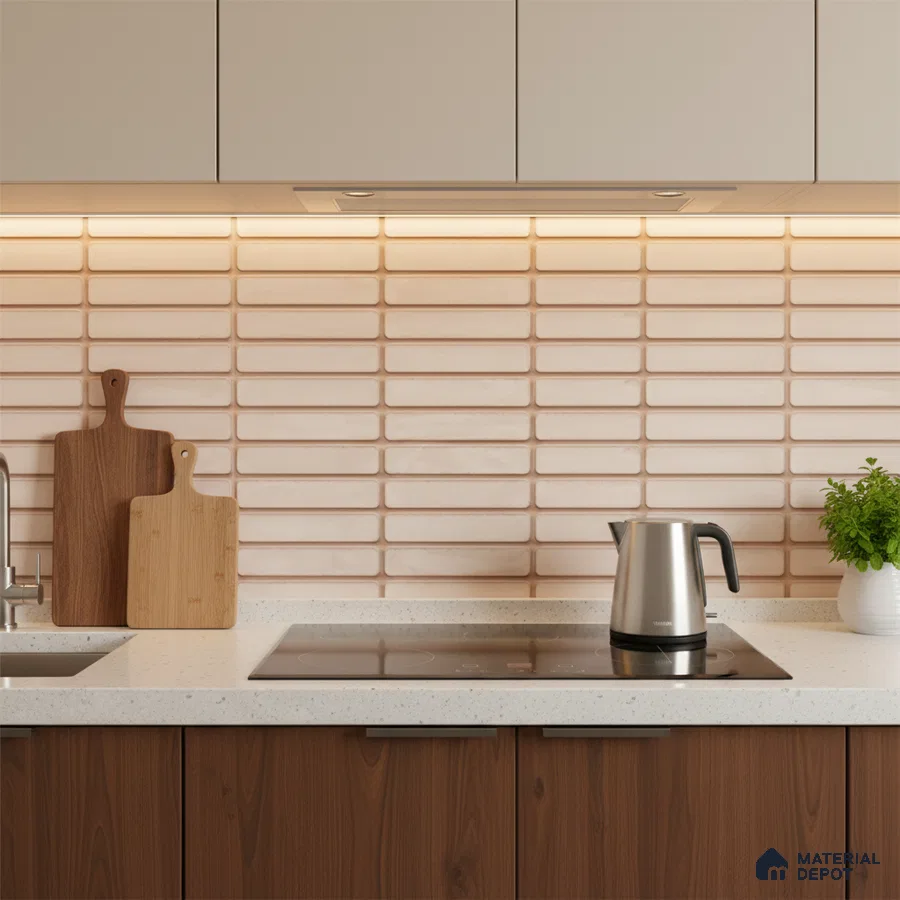 Modern kitchen with beige kitkat subway backsplash tile, white quartz countertop, and walnut wood laminate cabinets