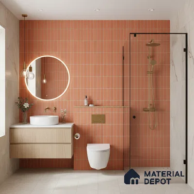 Modern bathroom with terracotta kitkat wall tiles, beige marble-look wall tiles, and floating wood vanity