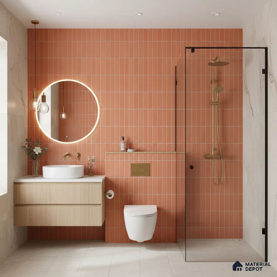 Modern bathroom with terracotta kitkat wall tiles, beige marble-look wall tiles, and floating wood vanity