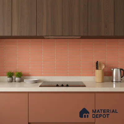 Modern kitchen with terracotta kitkat subway backsplash tile, walnut wood laminate, and beige quartz countertop