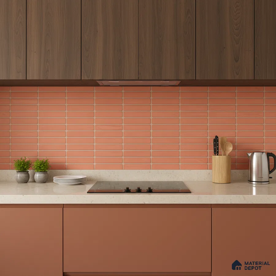 Modern kitchen with terracotta kitkat subway backsplash tile, walnut wood laminate, and beige quartz countertop