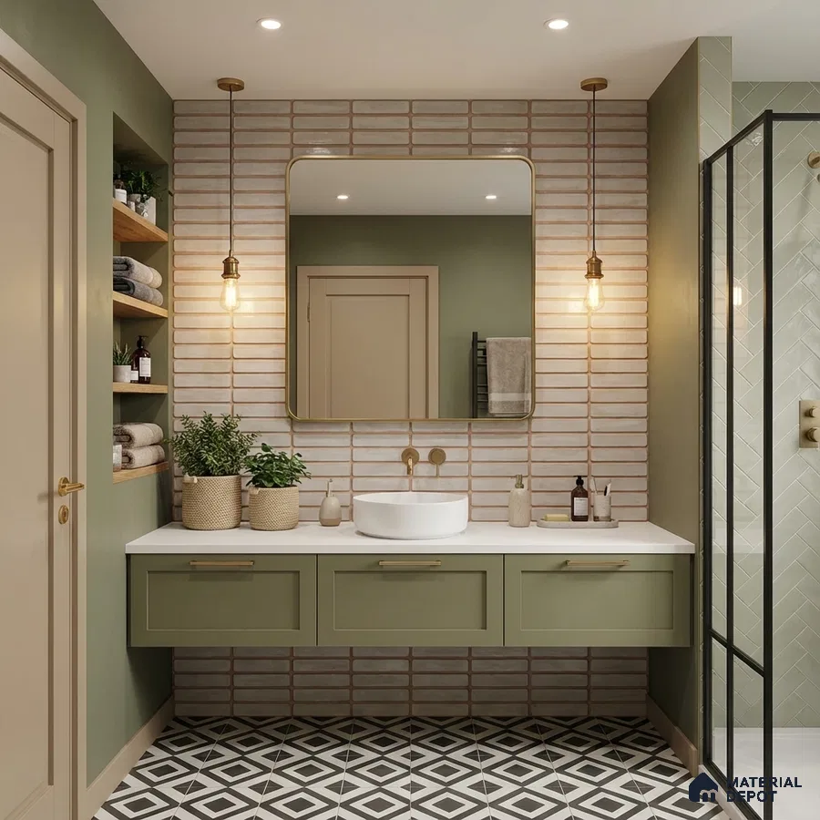 Modern bathroom with sage green vanity, geometric black-and-white floor tiles, and brick subway wall tiles