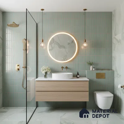 Modern bathroom with sage green kitkat wall tiles and marble-look floor tiles