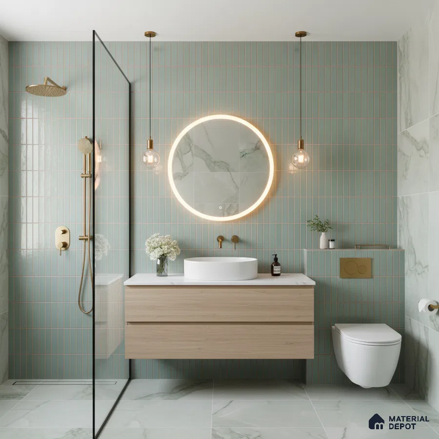 Modern bathroom with sage green kitkat wall tiles and marble-look floor tiles