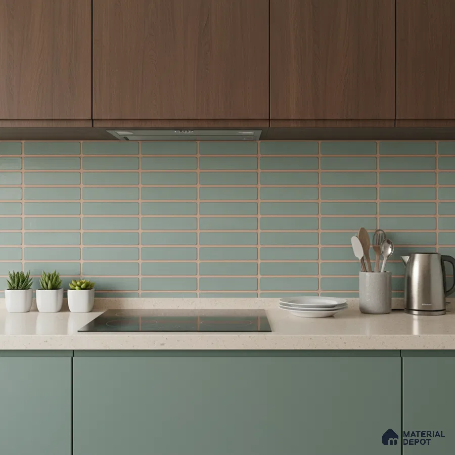 Modern kitchen with sage green laminate, walnut laminate cabinets, and sage green subway backsplash tile