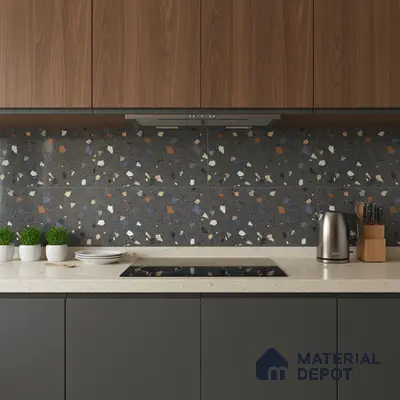 Modern kitchen with walnut laminate cabinets, terrazzo backsplash tiles, and beige quartz countertop