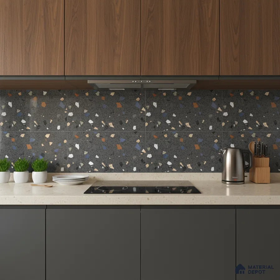 Modern kitchen with walnut laminate cabinets, terrazzo backsplash tiles, and beige quartz countertop