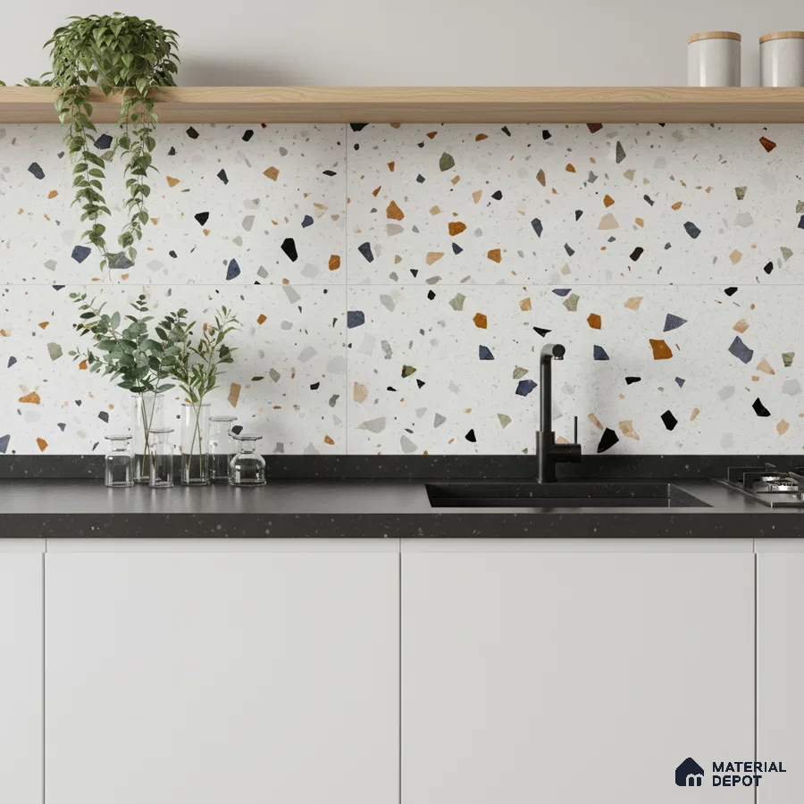 Modern kitchen with terrazzo backsplash tiles, black quartz countertop, and frosty white laminate cabinets