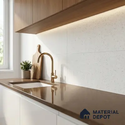 Modern kitchen with walnut wood laminate cabinets, brown quartz countertop, and white speckled backsplash tile