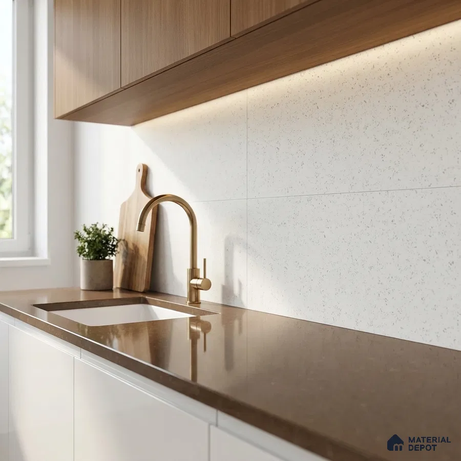 Modern kitchen with walnut wood laminate cabinets, brown quartz countertop, and white speckled backsplash tile
