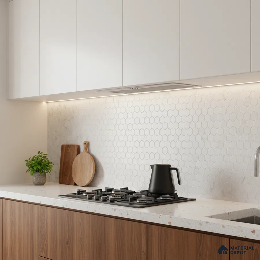 Minimalist kitchen with white hexagonal tile backsplash, walnut wood laminate base cabinets, and frosty white laminate overheads