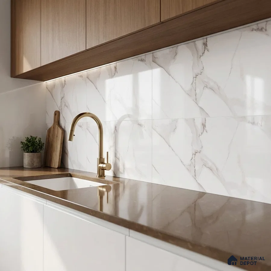 Modern kitchen with brown quartz countertop, marble-look backsplash tile, and wood grain laminate cabinets